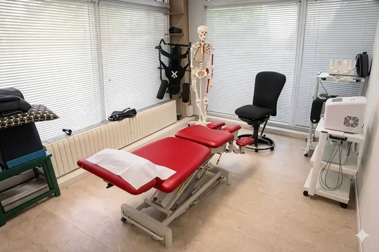 Ambulatorio di massofisioterapia a Zelarino con lettino da massaggio regolabile, modello anatomico di scheletro e strumenti per terapia fisica.